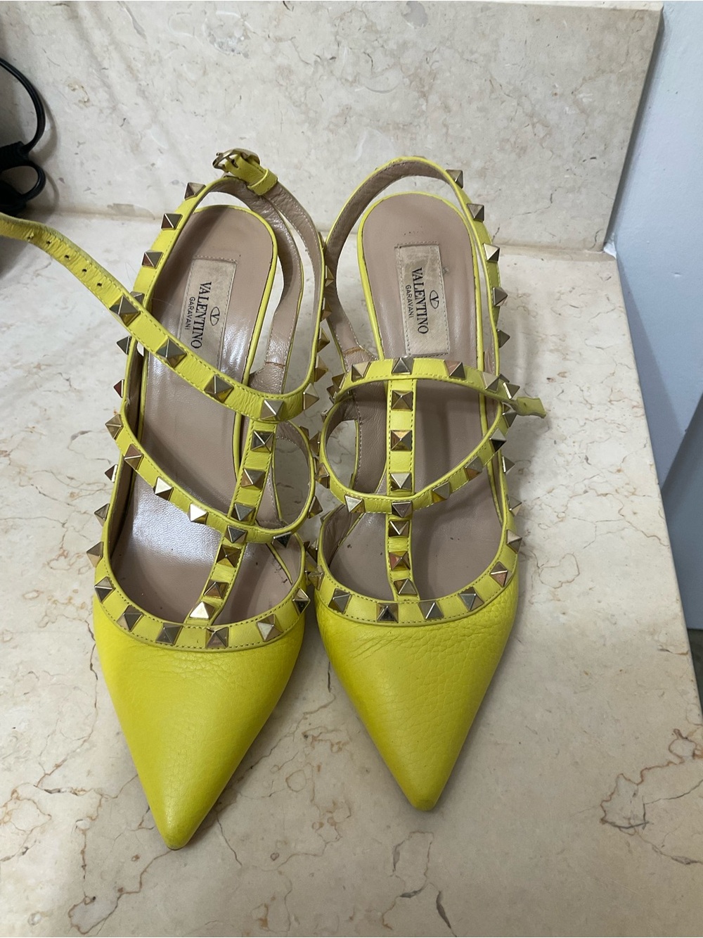 Valentino Lemon Yellow Rockstud Pointed-Toe Slingback Flats